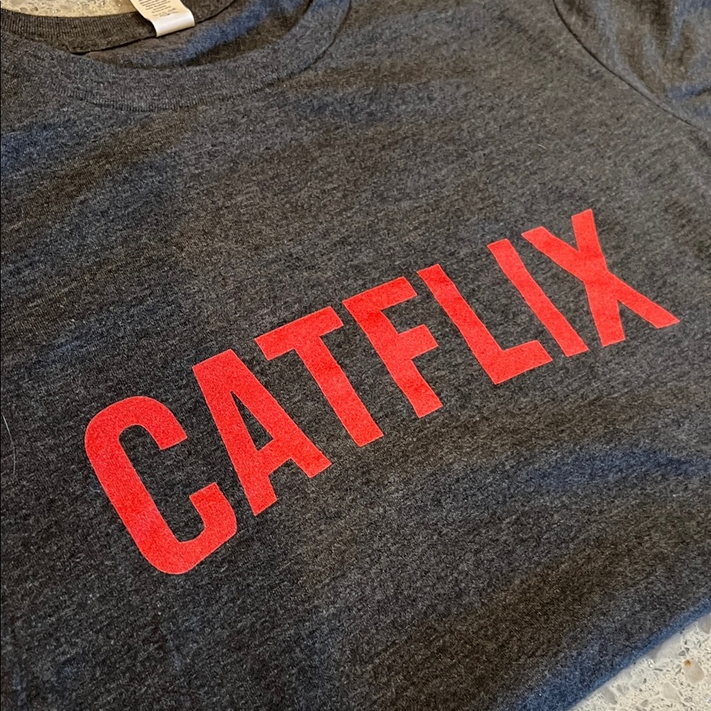 Bella Canvas Heather Charcoal Crewneck CATFLIX Tee Size L (runs small) - Picture 6 of 6